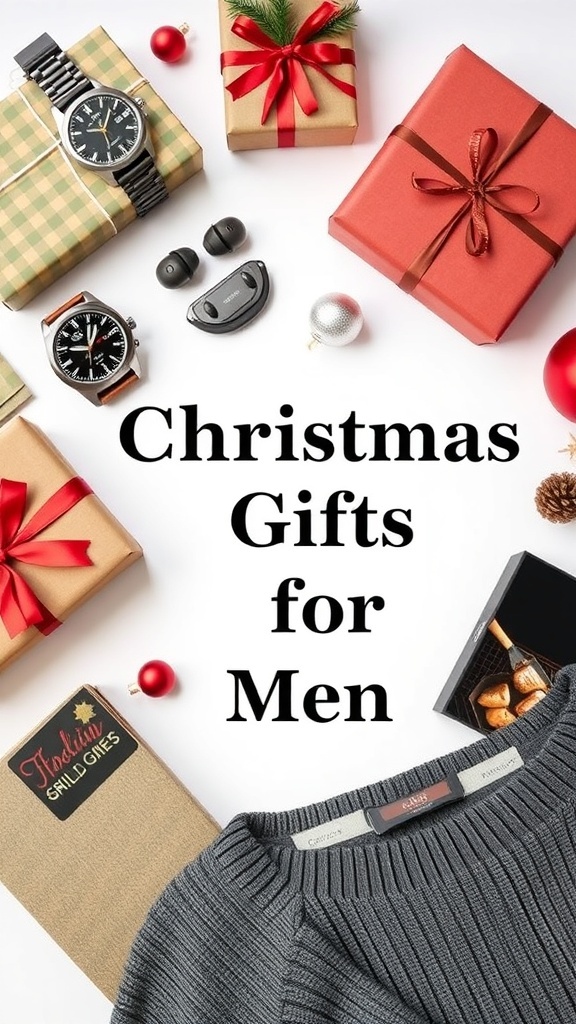 A flat lay of Christmas gifts for men, including a watch, earbuds, and a sweater, with festive decorations.